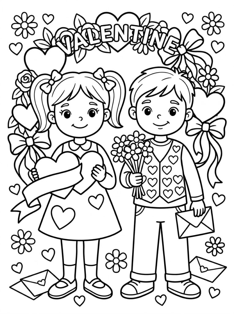Meisje met hart en jongen met bloemen envelop