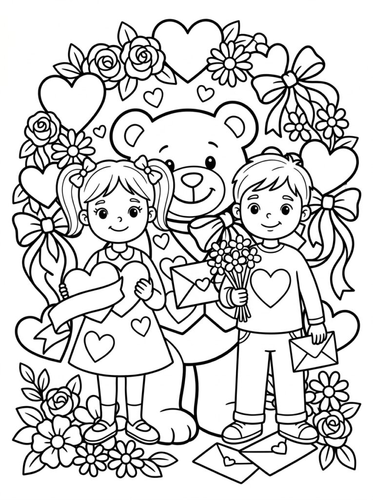 Meisje teddybeer en jongen met envelop en boeket