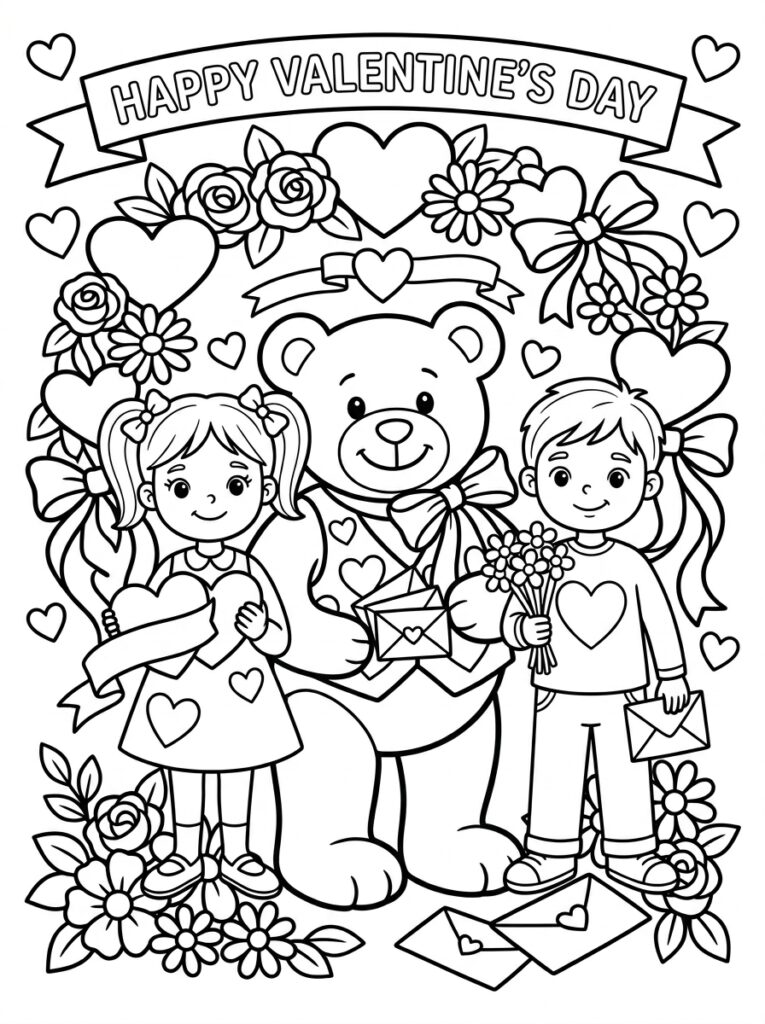 Meisje met hart teddybeer jongen met enveloppen