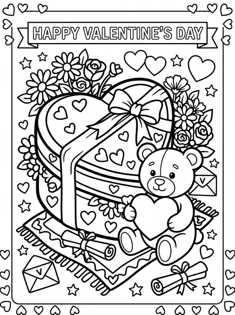 Teddybeer met hart naast hartvormige geschenkdoos