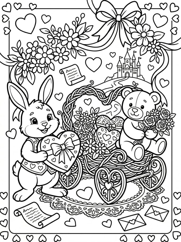 Konijn met hart naast teddybeer met rozen