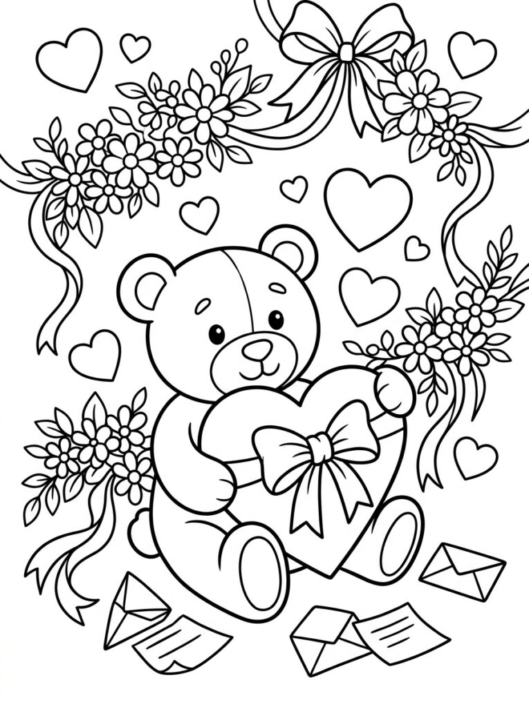 Teddybeer knuffelt hart tussen bloemen en enveloppen