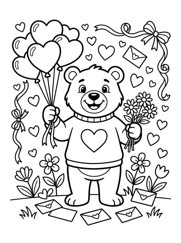 Teddybeer houdt hartballonnen en bloemenboeket vast