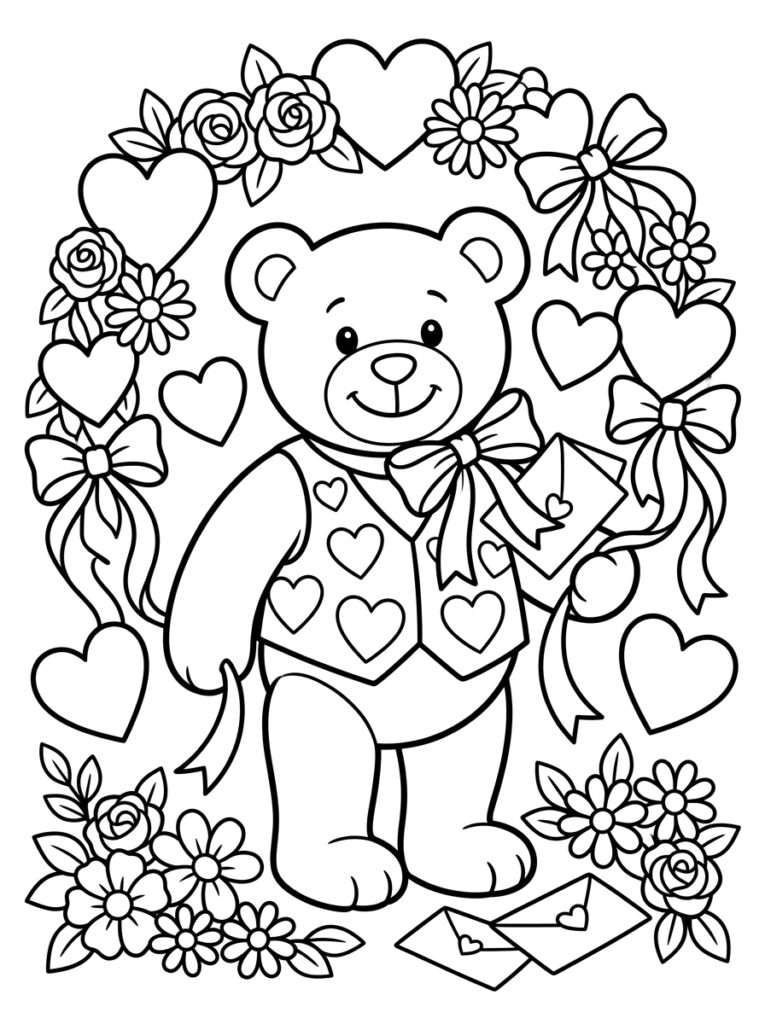 Teddybeer met hartjesvest houdt envelop vast