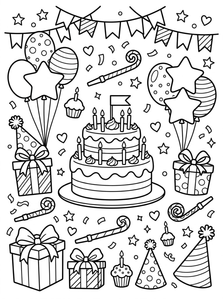 Verjaardagstaart omringd door ballonnen cadeaus en mutsen