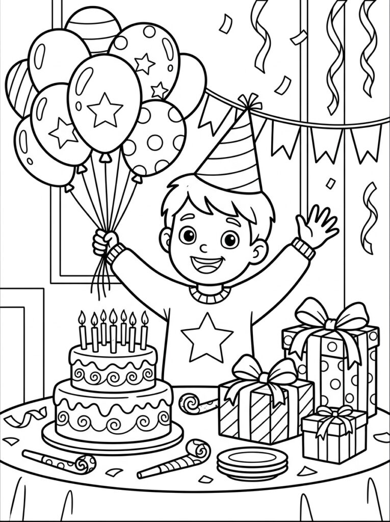 Jongen met hoedje en ballonnen naast verjaardagstaart