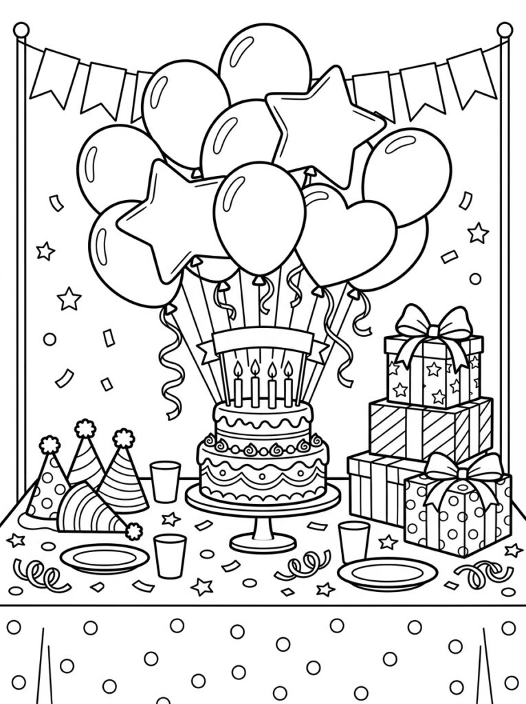 Taart met kaarsen omringd door ballonnen en cadeaus