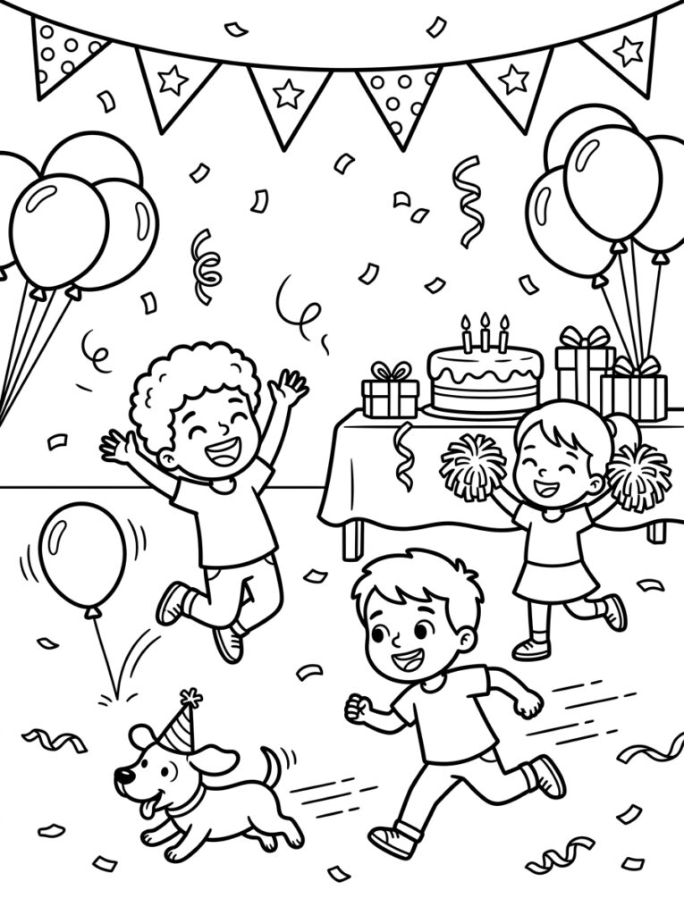Drie kinderen en hond vieren feest
