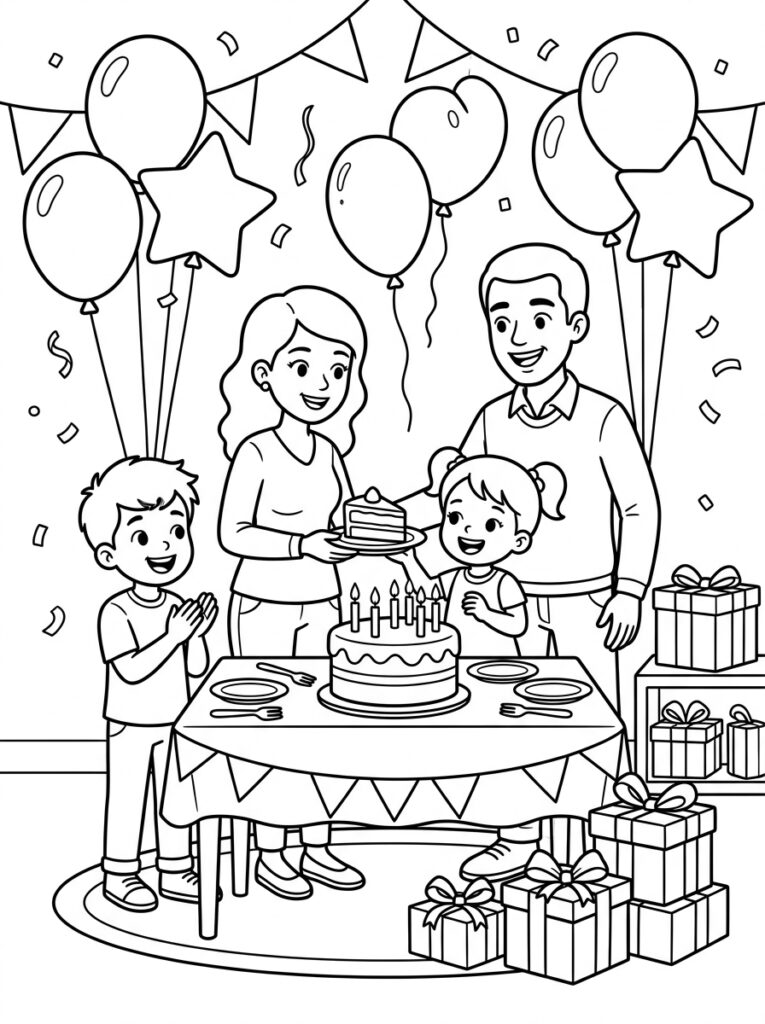 Gezin bij taart met kaarsen en ballonnen