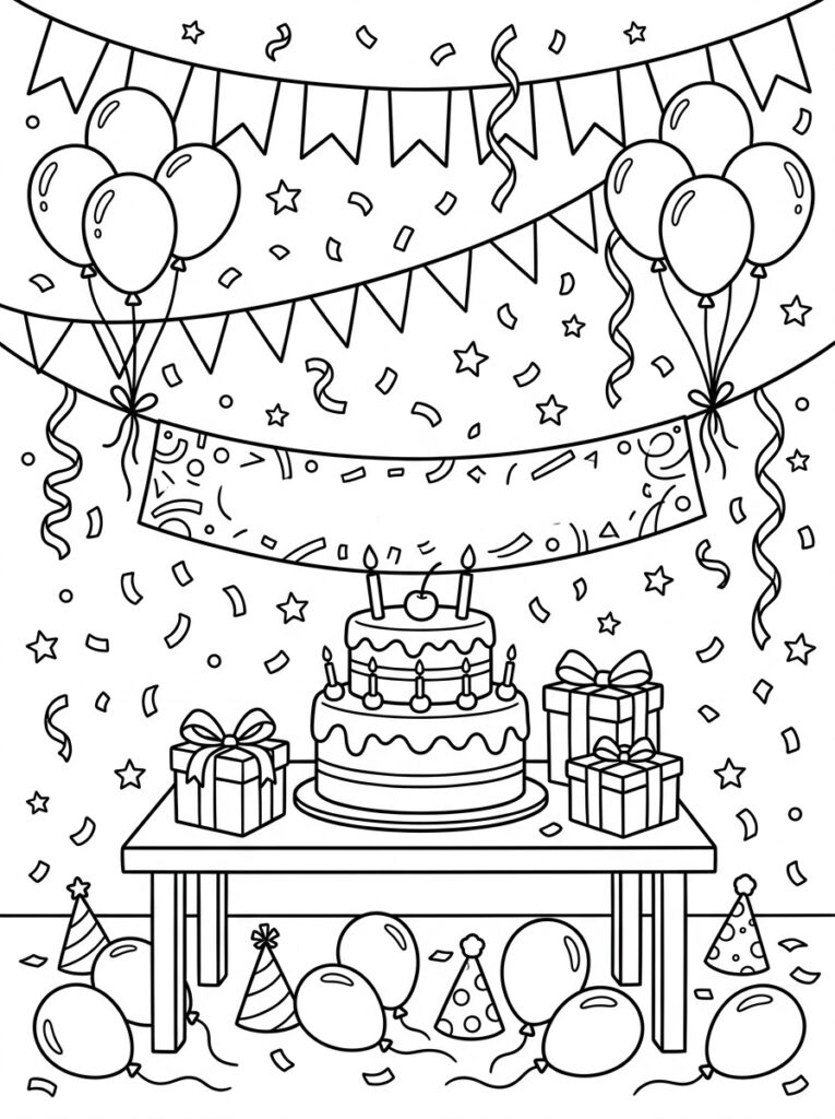 Taart en cadeaus onder slingers en ballonnen