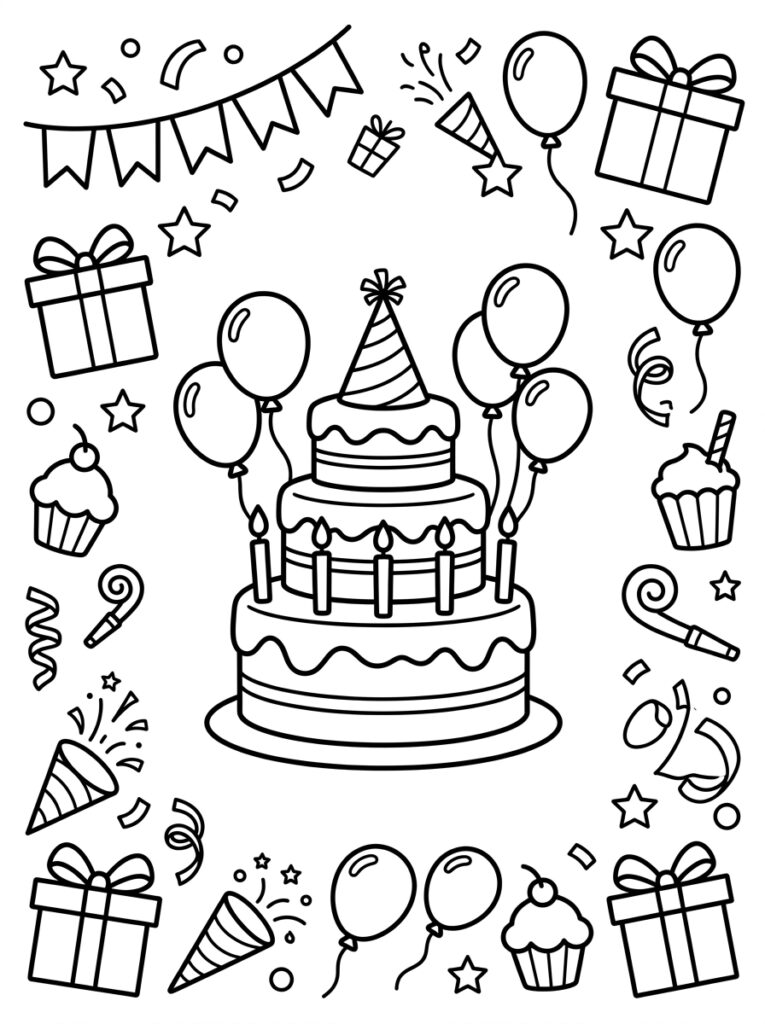 Verjaardagstaart omringd door ballonnen cupcakes en cadeaus