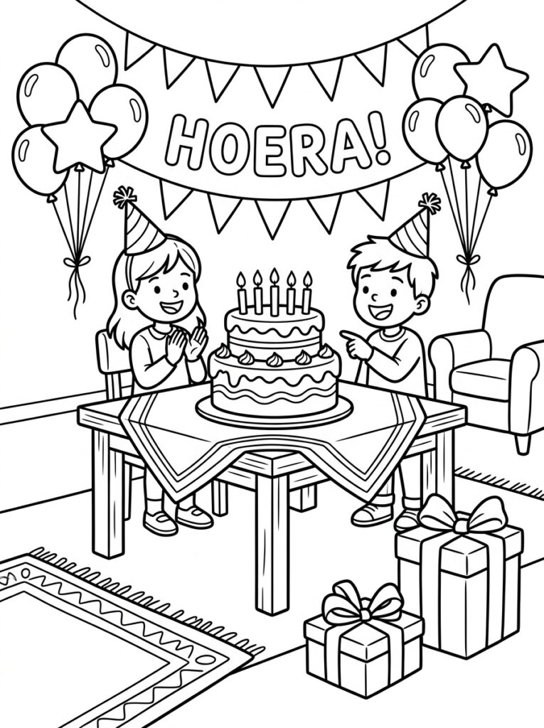 Jongen en meisje bij verjaardagstaart met hoera banner