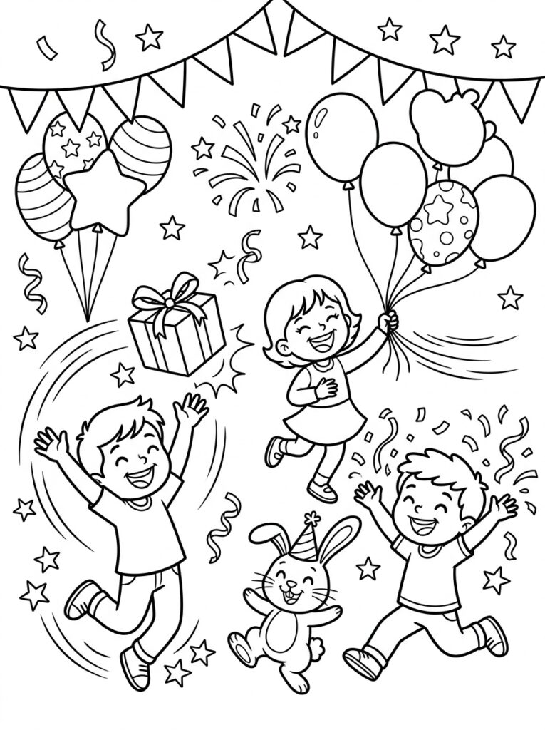 Feestende kinderen met ballonnen cadeau en konijn