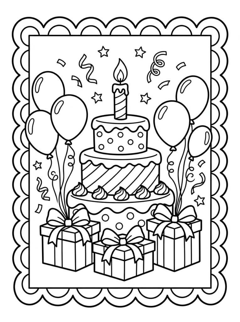 Taart met kaars omringd door ballonnen en cadeaus