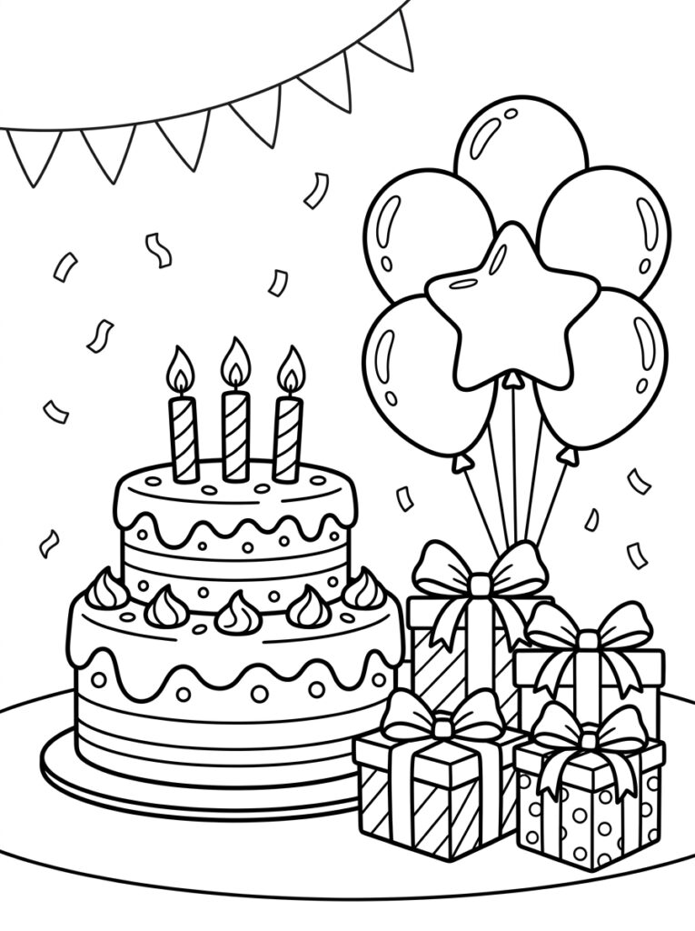 Taart met drie kaarsen naast ballonnen en cadeaus
