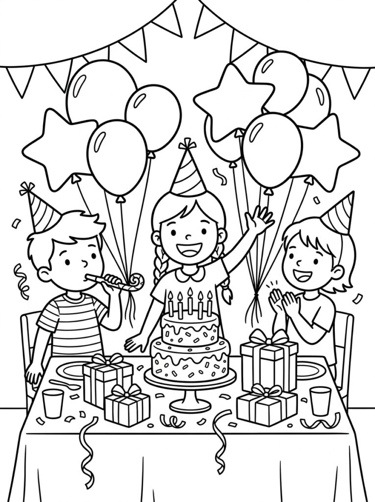 Drie kinderen bij taart met ballonnen en cadeaus
