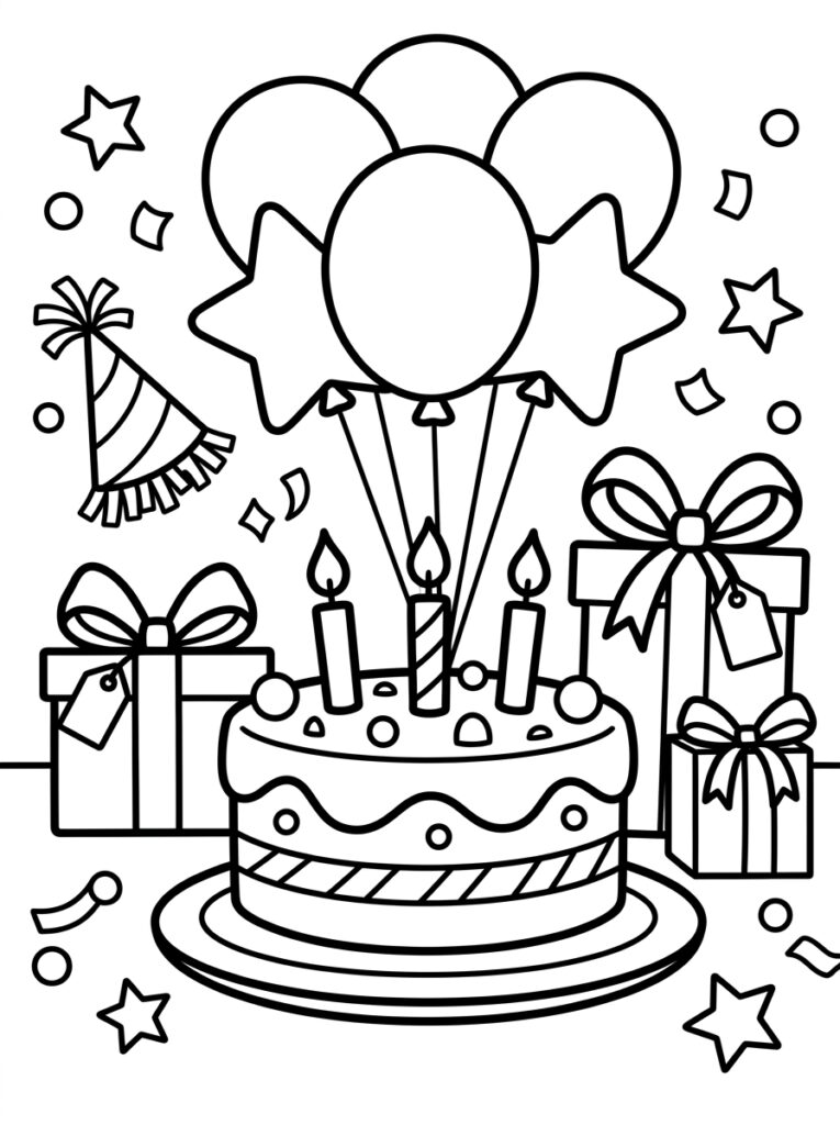 Verjaardagstaart met kaarsen ballonnen en cadeaus