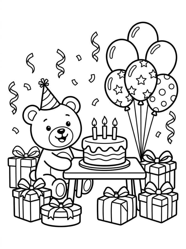 Teddybeer met feestmuts bij verjaardagstaart