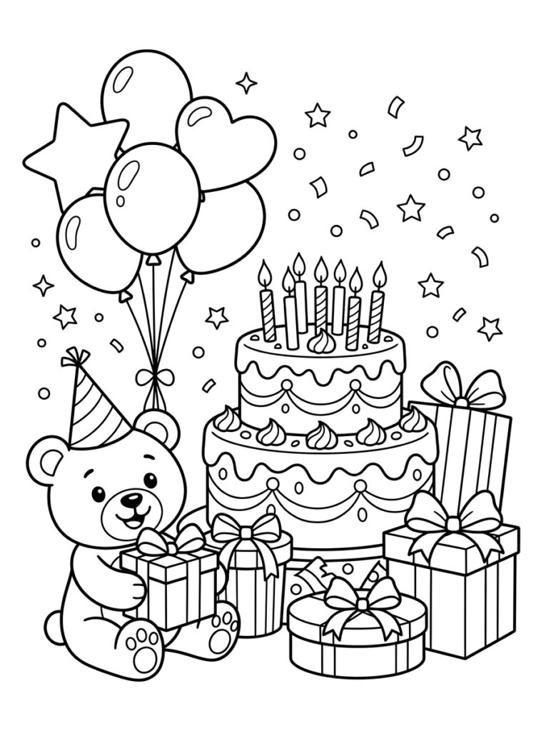 Teddybeer met hoed bij grote verjaardagstaart