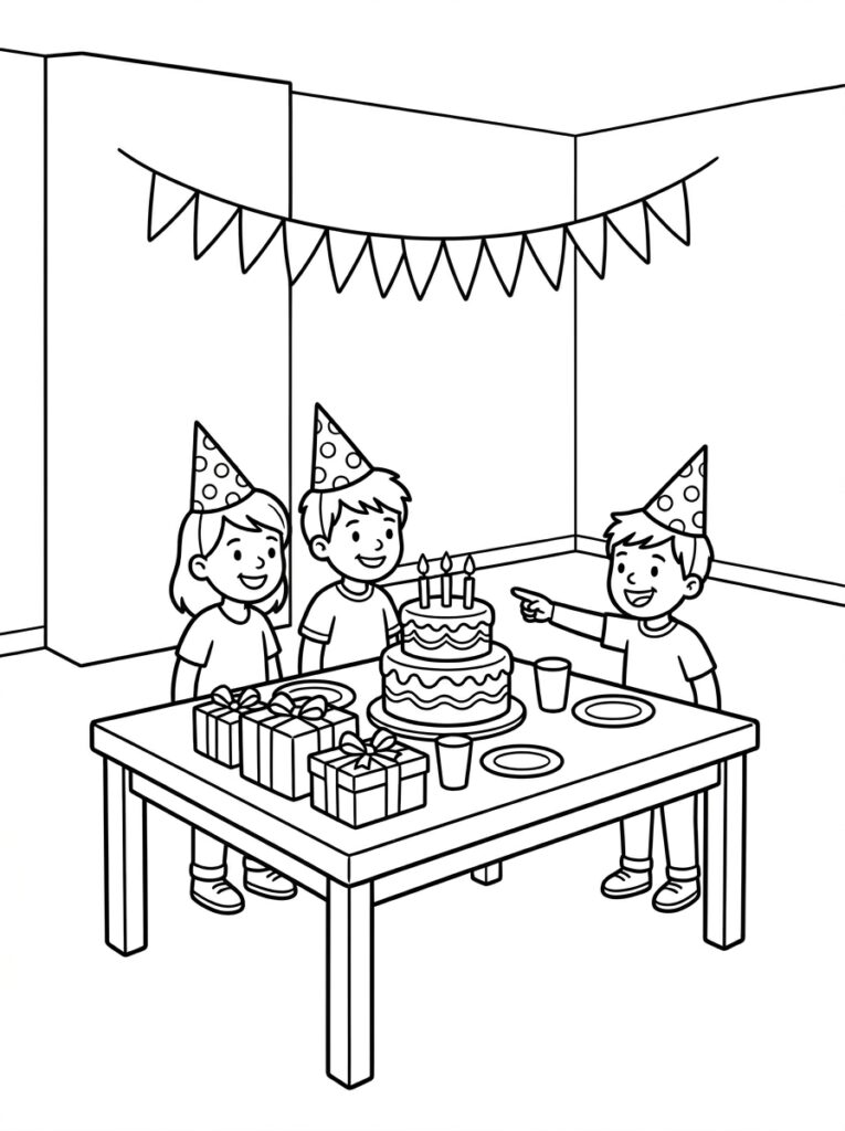 Drie kinderen met feestmutsen bij verjaardagstaart