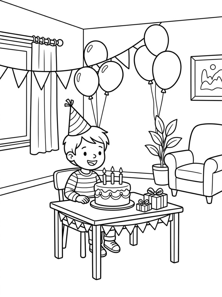 Jongen met feestmuts bij verjaardagstaart