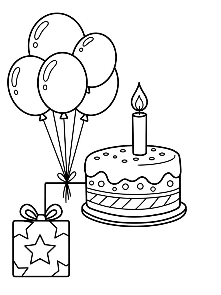Taart met kaars naast cadeau en ballonnen