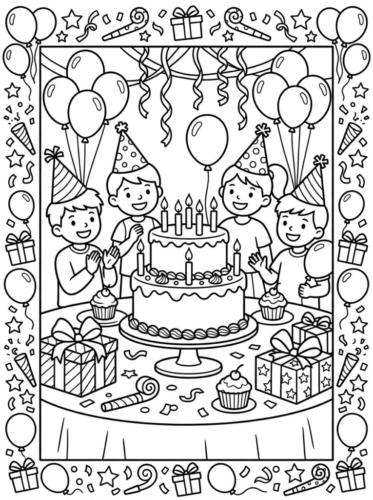 Vier kinderen met feestmuts rond taart en cupcakes