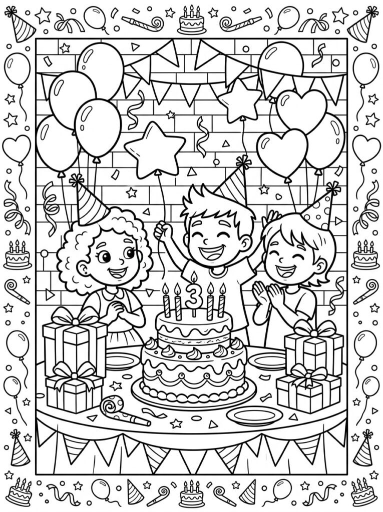 Drie kinderen met feestmuts bij taart en ballonnen