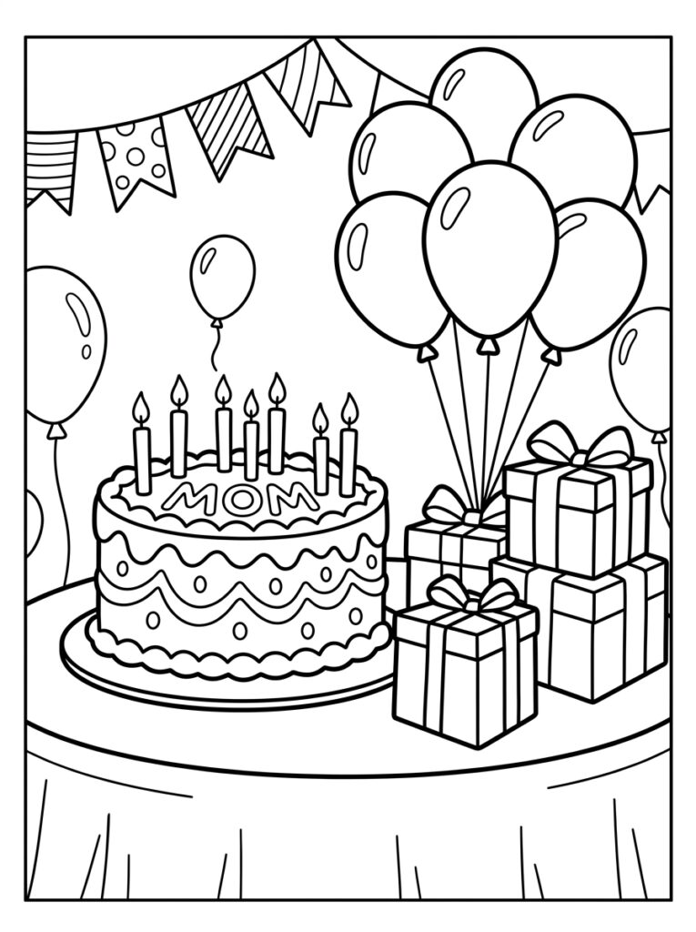 Verjaardagstaart met kaarsen ballonnen en cadeautjes