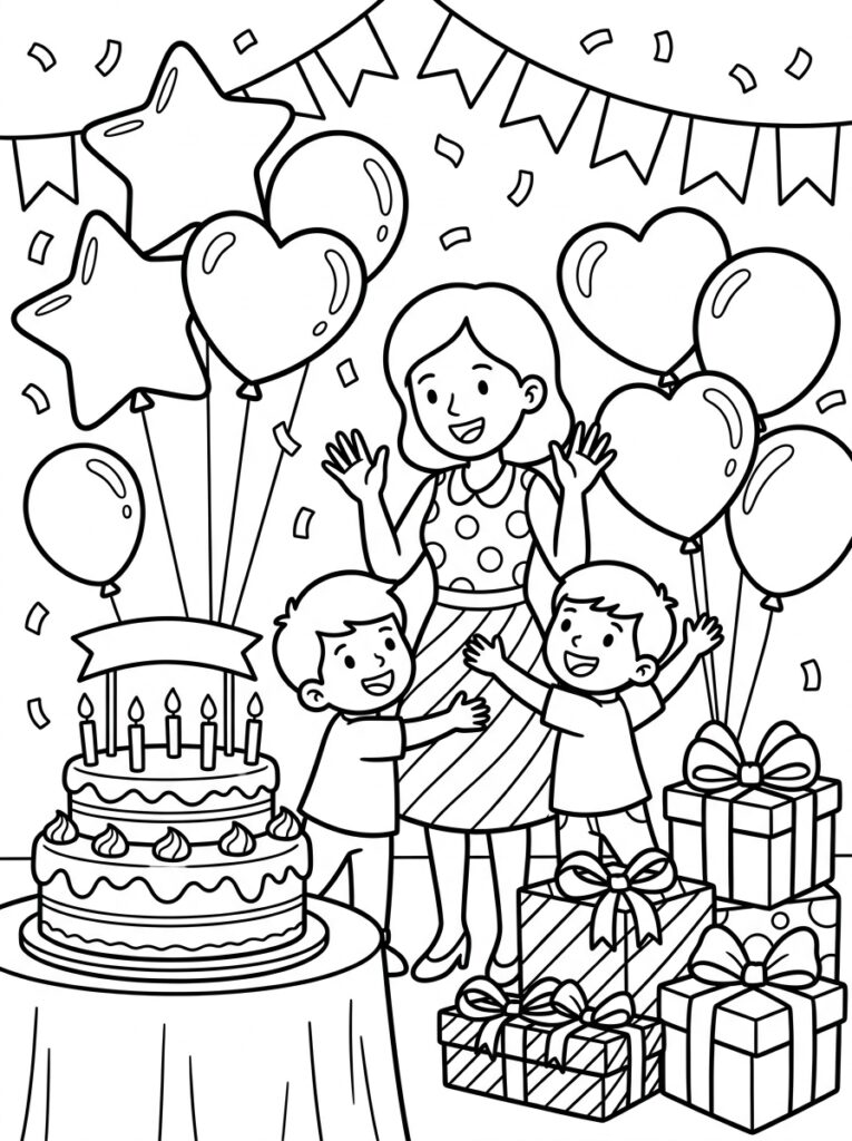 Mama met twee kinderen bij taart en ballonnen