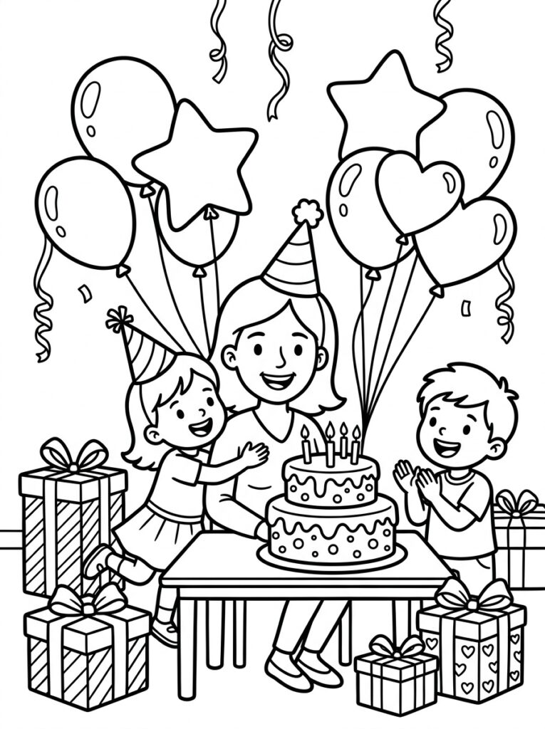 Mama met twee kinderen en taart op tafel