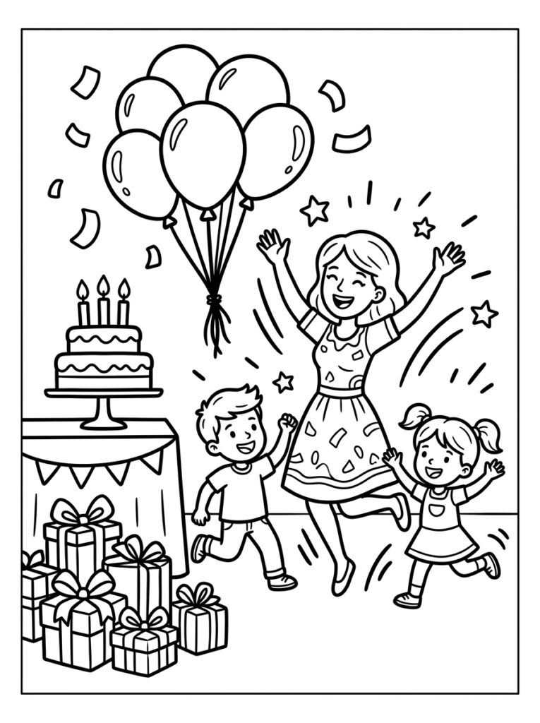 Mama springt met twee kinderen en ballonnen