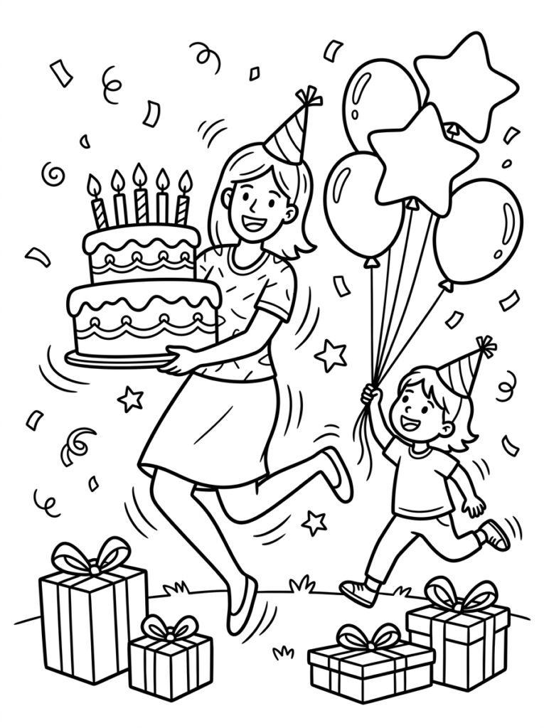 Mama rent met taart en kind met ballonnen