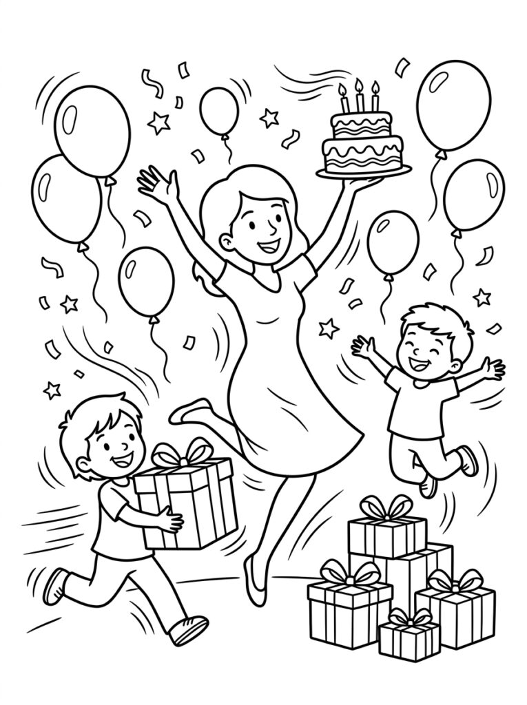 Mama springt met taart en kinderen met cadeaus