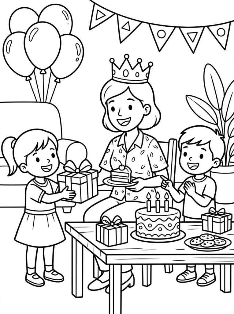 Mama met kroon krijgt taart en cadeau van kinderen