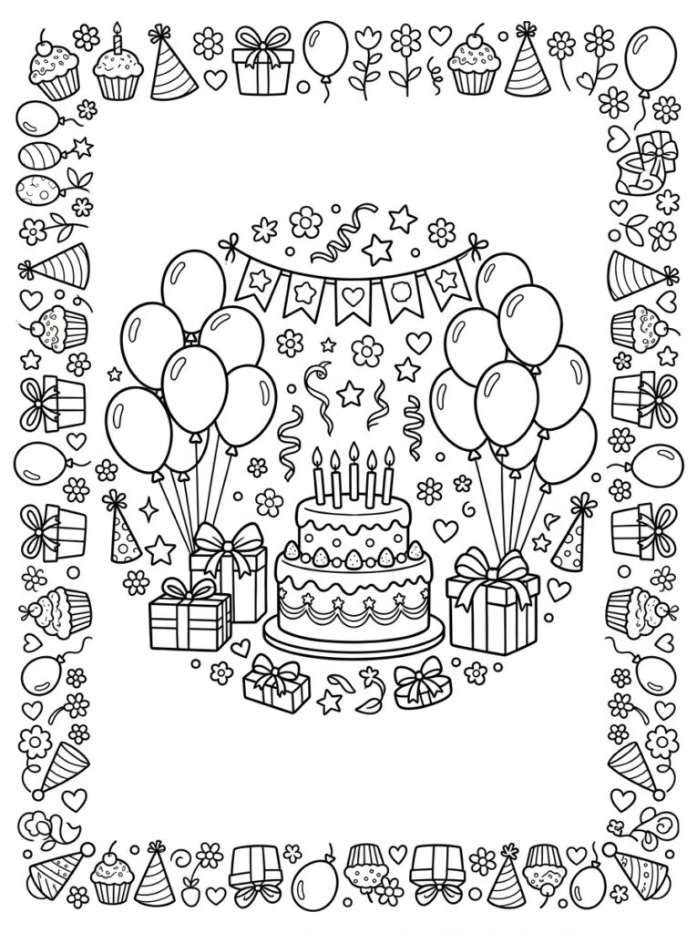 Verjaardagstaart in lijst met cupcakes bloemen en hartjes