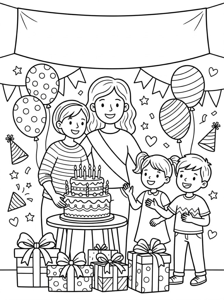 Mama met drie kinderen bij verjaardagstaart en ballonnen