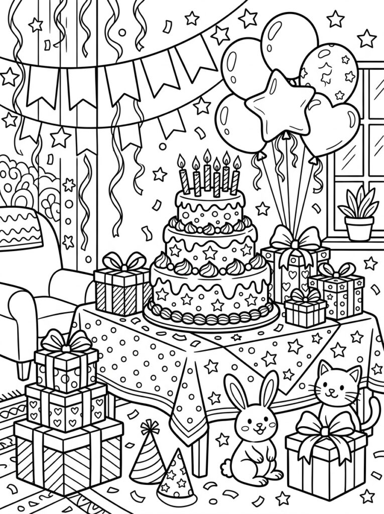 Taart met cadeaus konijn kat en ballonnen