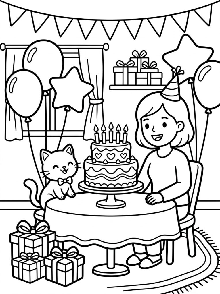 Mama met verjaardagstaart kat ballonnen en cadeaus