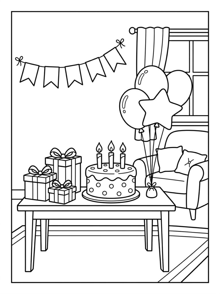 Verjaardagstaart met kaarsen ballonnen en cadeaus