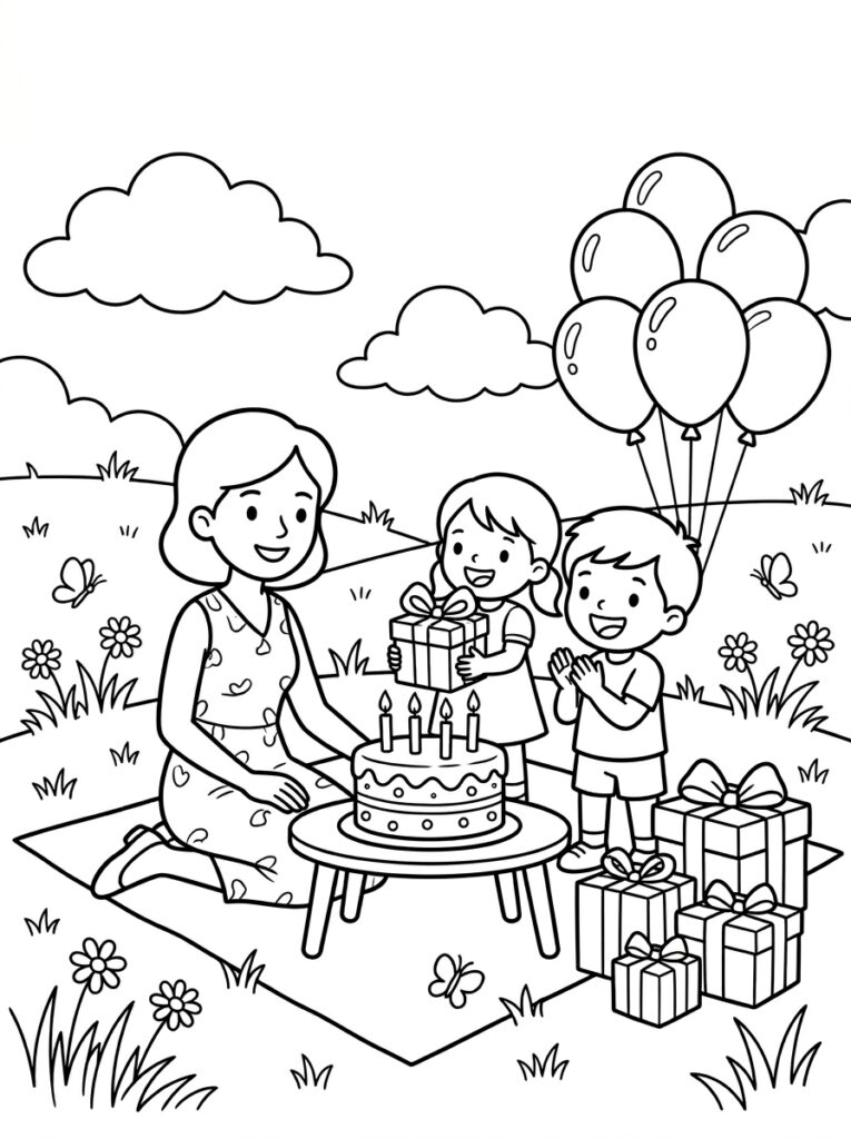 Mama met kinderen bij verjaardagstaart en ballonnen