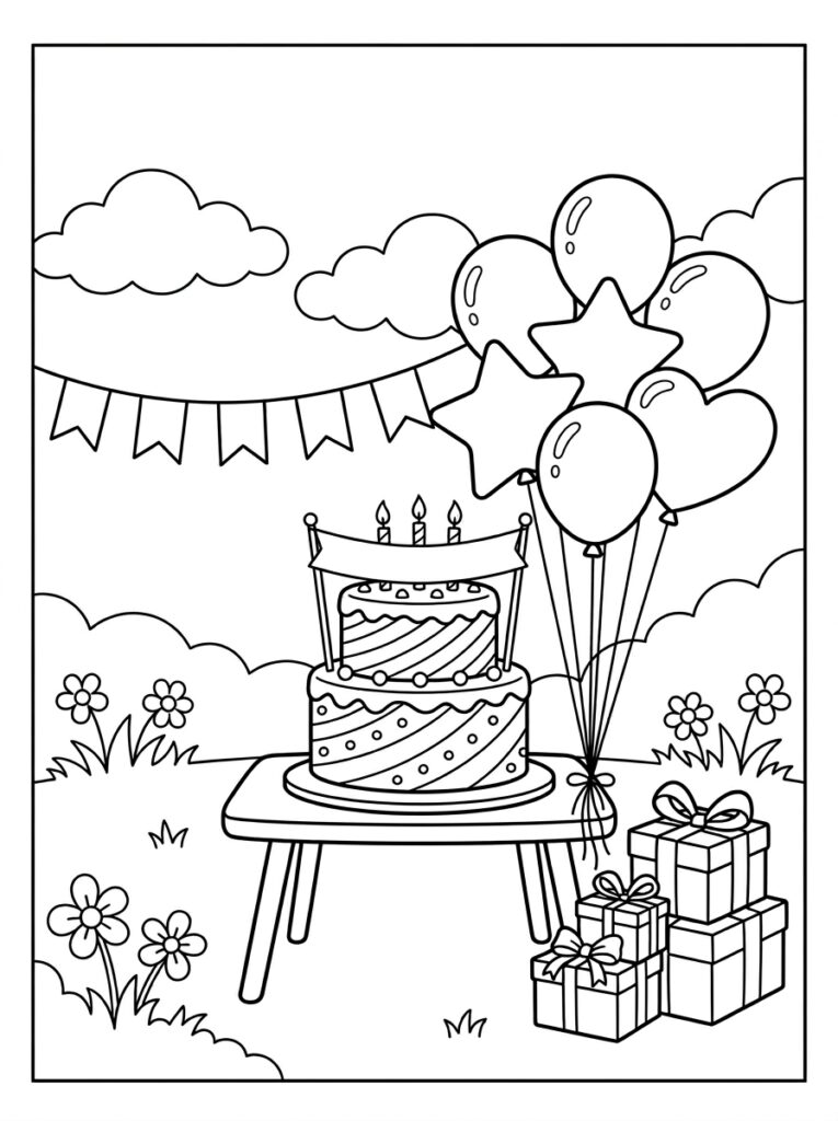Verjaardagstaart op tafel met ballonnen en cadeaus