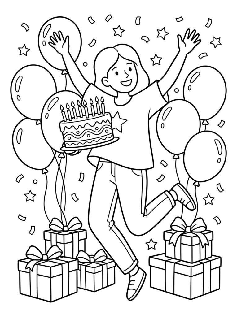 Mama met taart tussen ballonnen en cadeaus