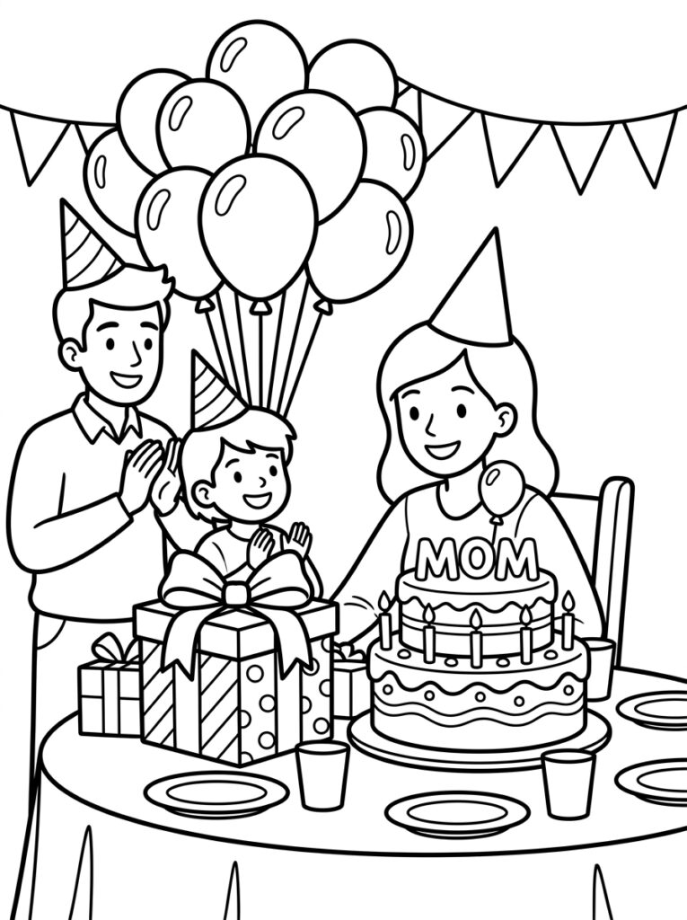 Mama met man en zoon bij verjaardagtaart