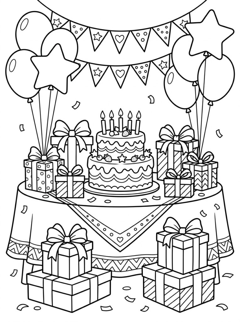 Verjaardagtafel met taart cadeaus en ballonnen