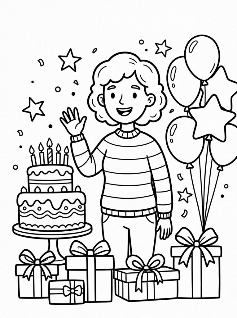 Mama zwaait naast verjaardagstaart met ballonnen en cadeaus