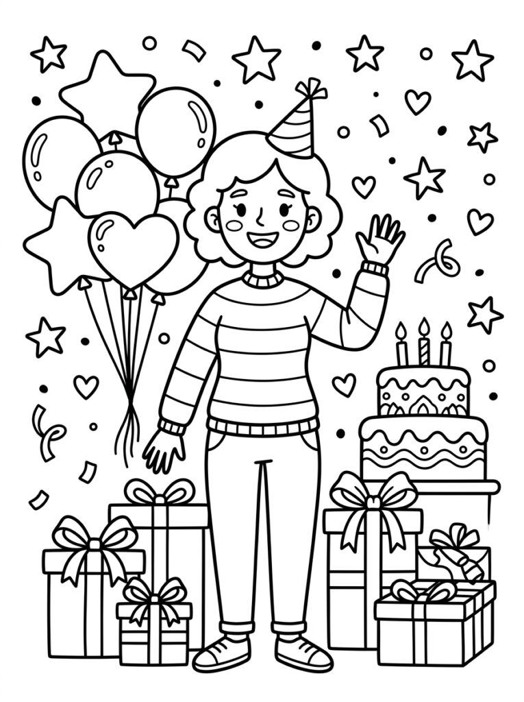 Mama met feestmuts zwaait bij taart ballonnen en cadeaus