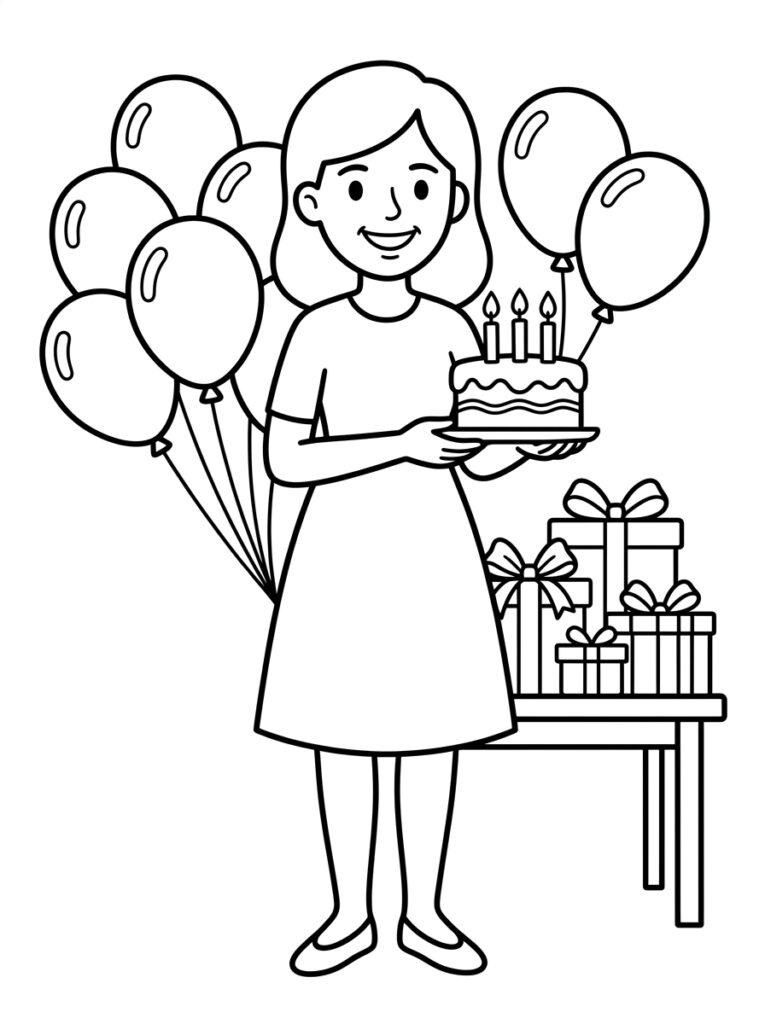 Mama houdt taart met kaarsjes vast naast ballonnen
