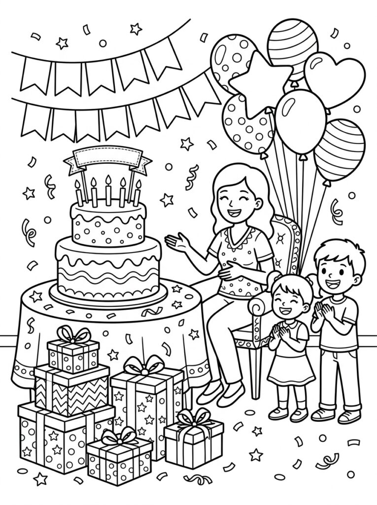 Mama zit op stoel bij grote taart met kinderen en cadeaus