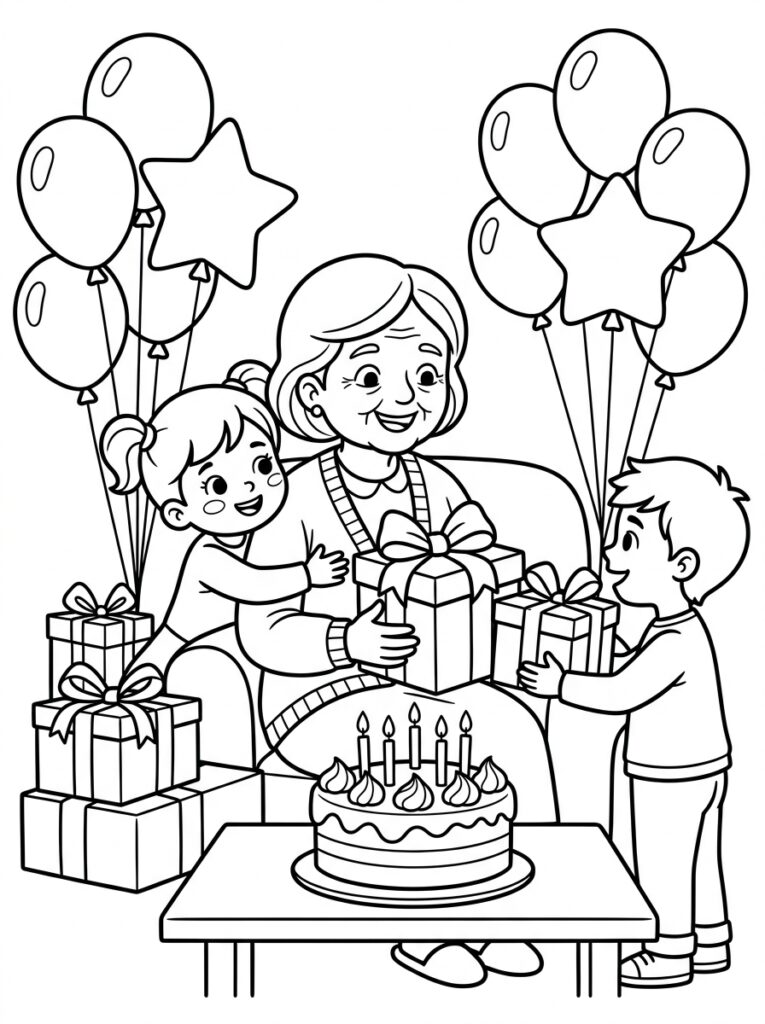 Oma met meisje en jongen bij taart en ballonnen